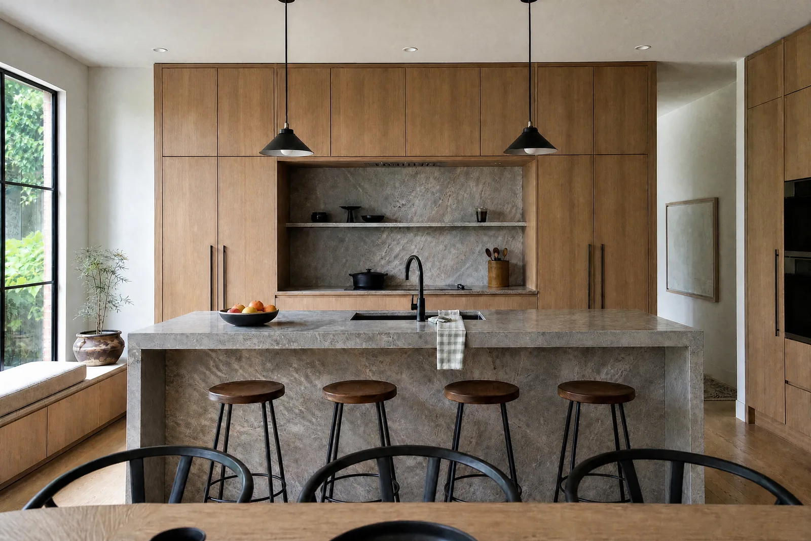 Kitchen design inspiration with oak cabinetry and a stone island